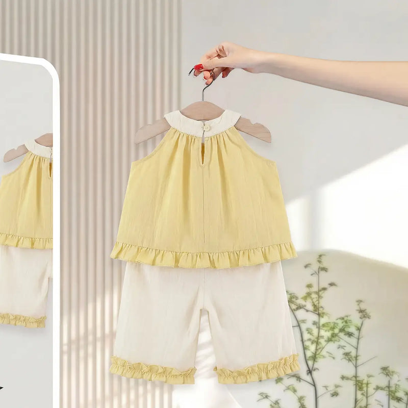 Girls Yellow Rose Applique Sleeveless Top With Pants Sets Sets