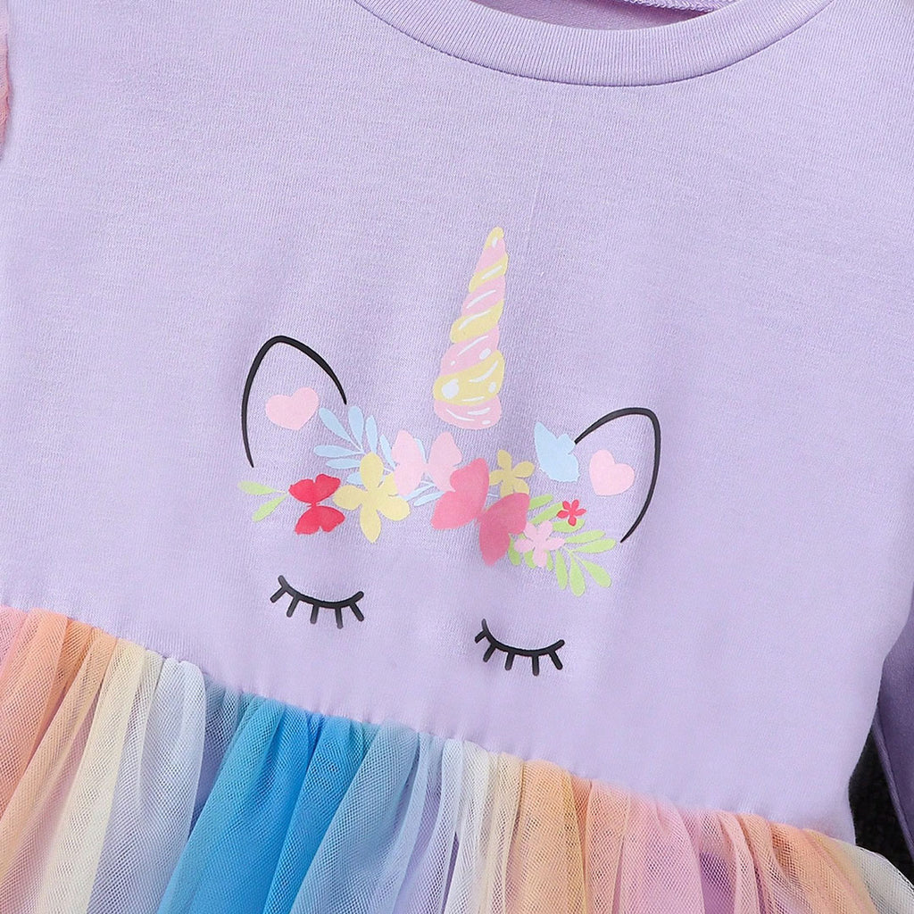 Girls Purple Unicorn Print Multicolored Tulle Overlay Dress Casual Dresses