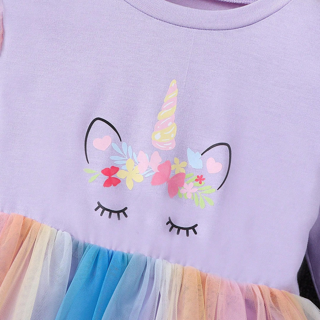 Girls Purple Unicorn Print Multicolored Tulle Overlay Dress Casual Dresses