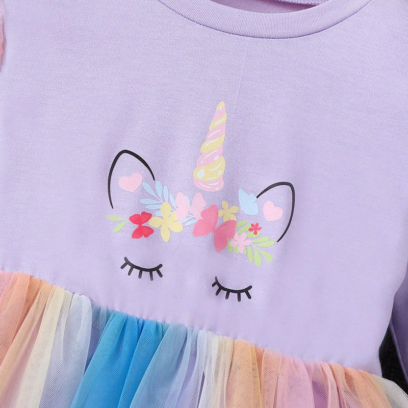 Girls Purple Unicorn Print Multicolored Tulle Overlay Dress Casual Dresses