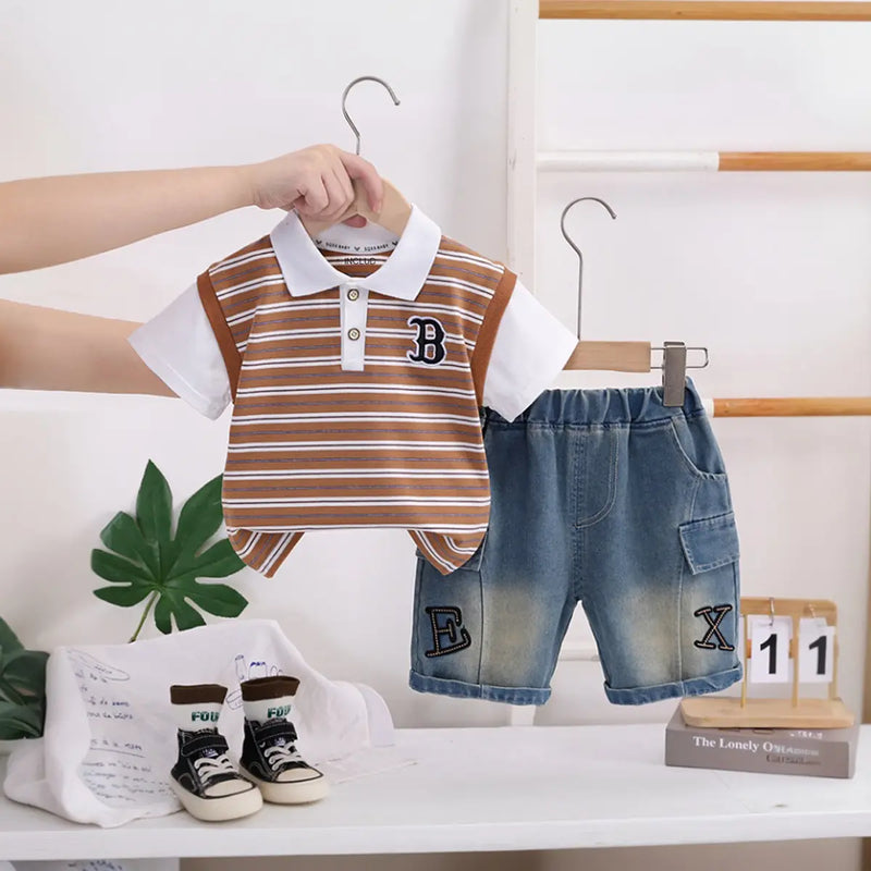 Boys Brown Striped Short Sleeve Polo T-Shirt With Denim Shorts Sets 2 pc. Sets Brown 1-2 Y