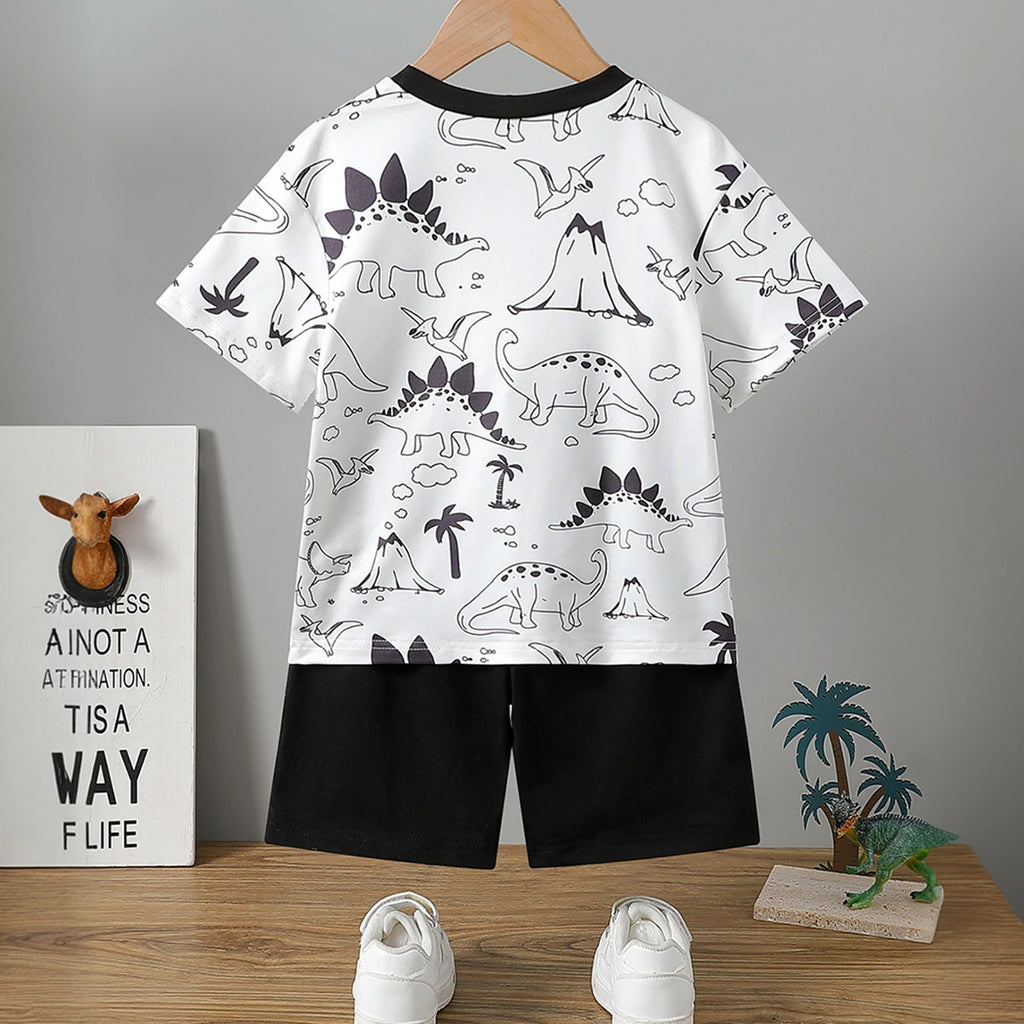 Boys White Dinosaur Print Short Sleeves T-Shirt With Shorts Set Sets