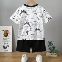 Boys White Dinosaur Print Short Sleeves T-Shirt With Shorts Set Sets