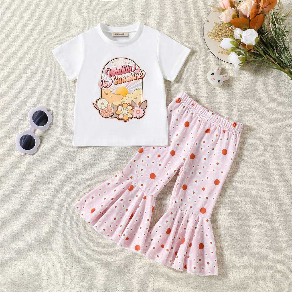 Girls Short Sleeve Floral Print T-Shirt With Printed Pants Set