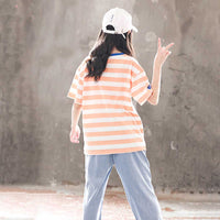 Girls Striped Alphabet Print T-Shirt With Denim Joggers Set 2 pc. Sets   
