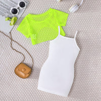 Girls Green Short Sleeve Top With Sleeveless Bodycon Dress Casual Dresses