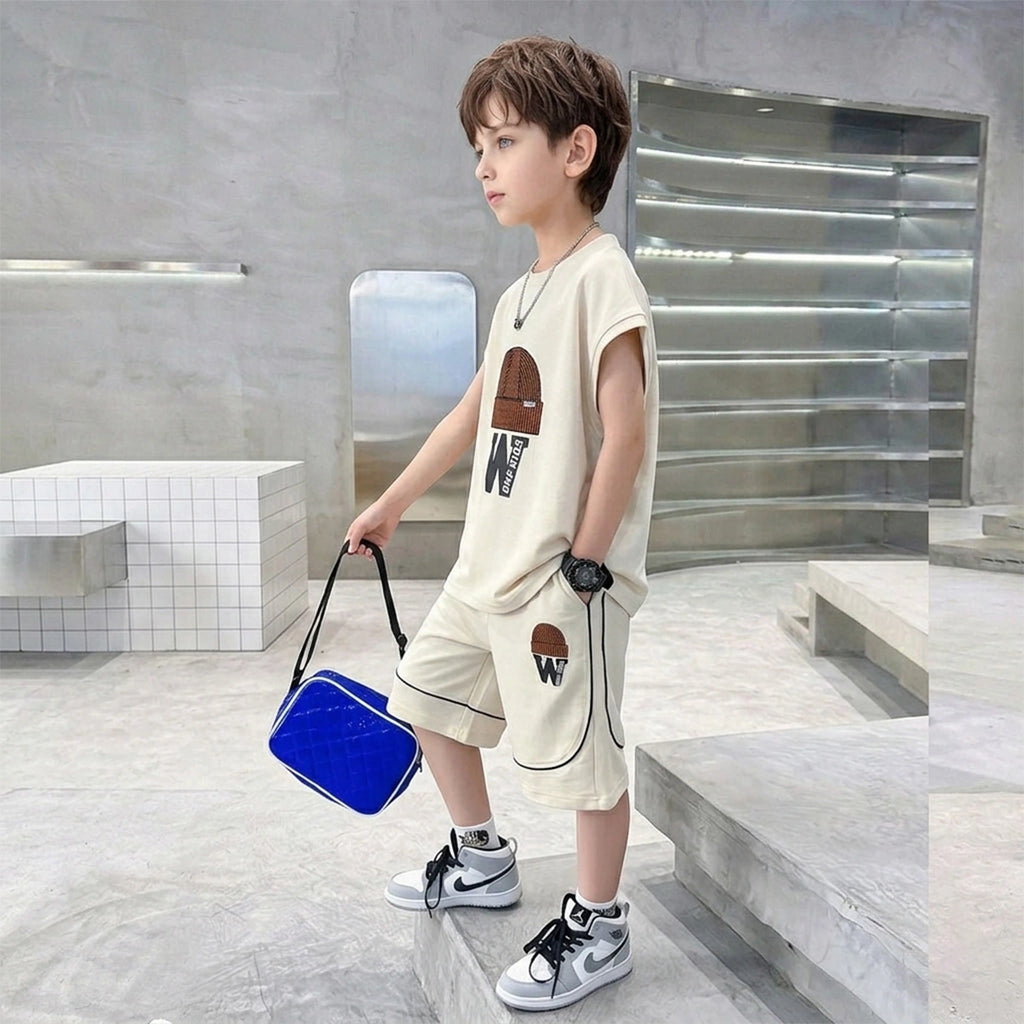 Boys Beige Graphic Sleeveless T-Shirt With Elasticated Long Shorts Sets Sets
