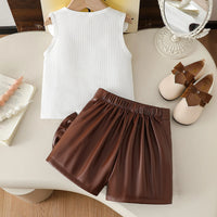 Girls White Flowers Applique Sleeveless Top With Wrap Skorts Set Sets