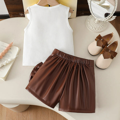 Girls White Flowers Applique Sleeveless Top With Wrap Skorts Set Sets