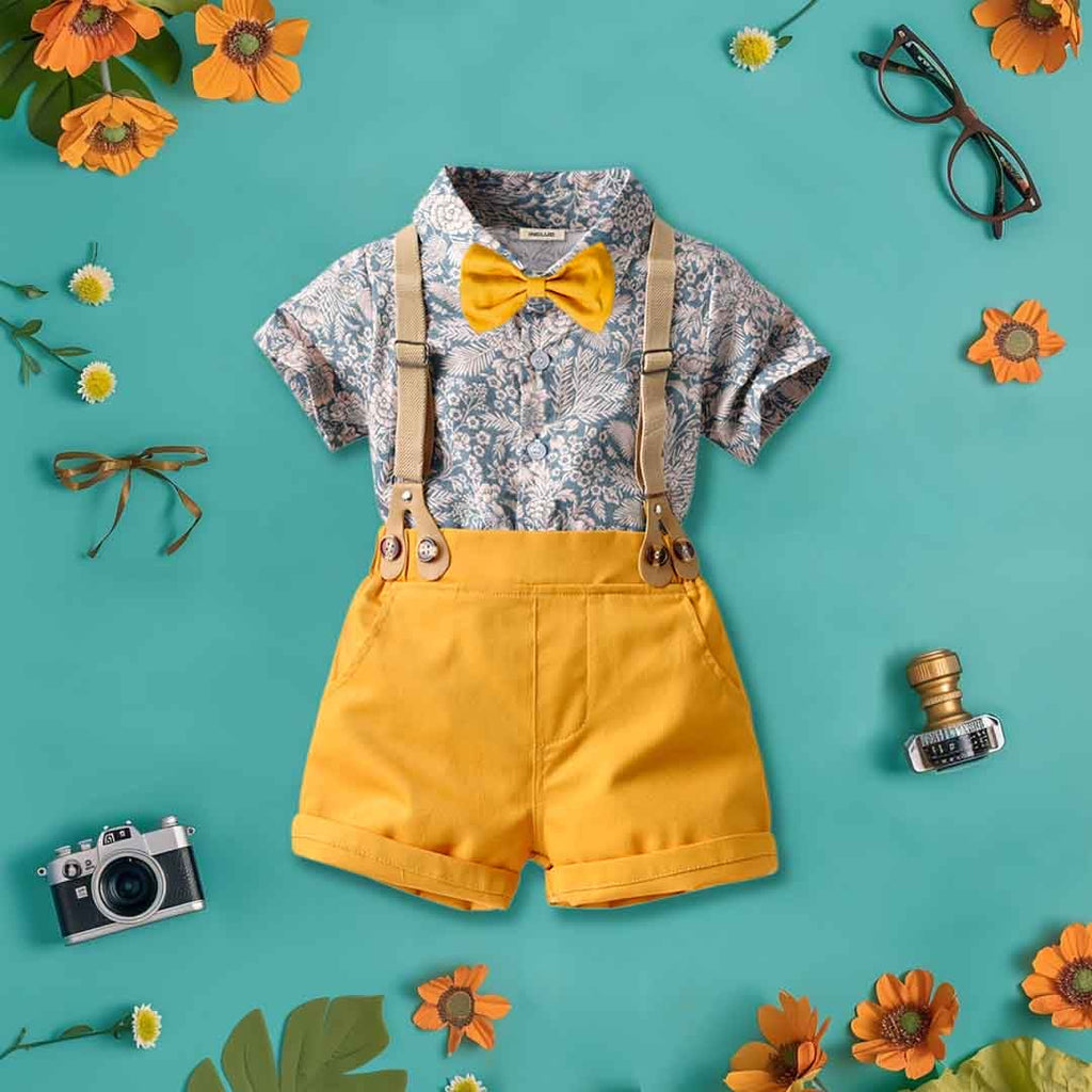 Boys Floral Print Shirt with Bow & Suspender Shorts Set