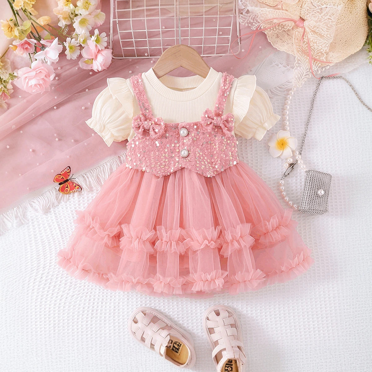 Girls Pink Sequined Short Sleeve Fit & Flare Dress Casual Dresses Pink 1-2 Y