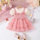 Girls Pink Sequined Short Sleeve Fit & Flare Dress