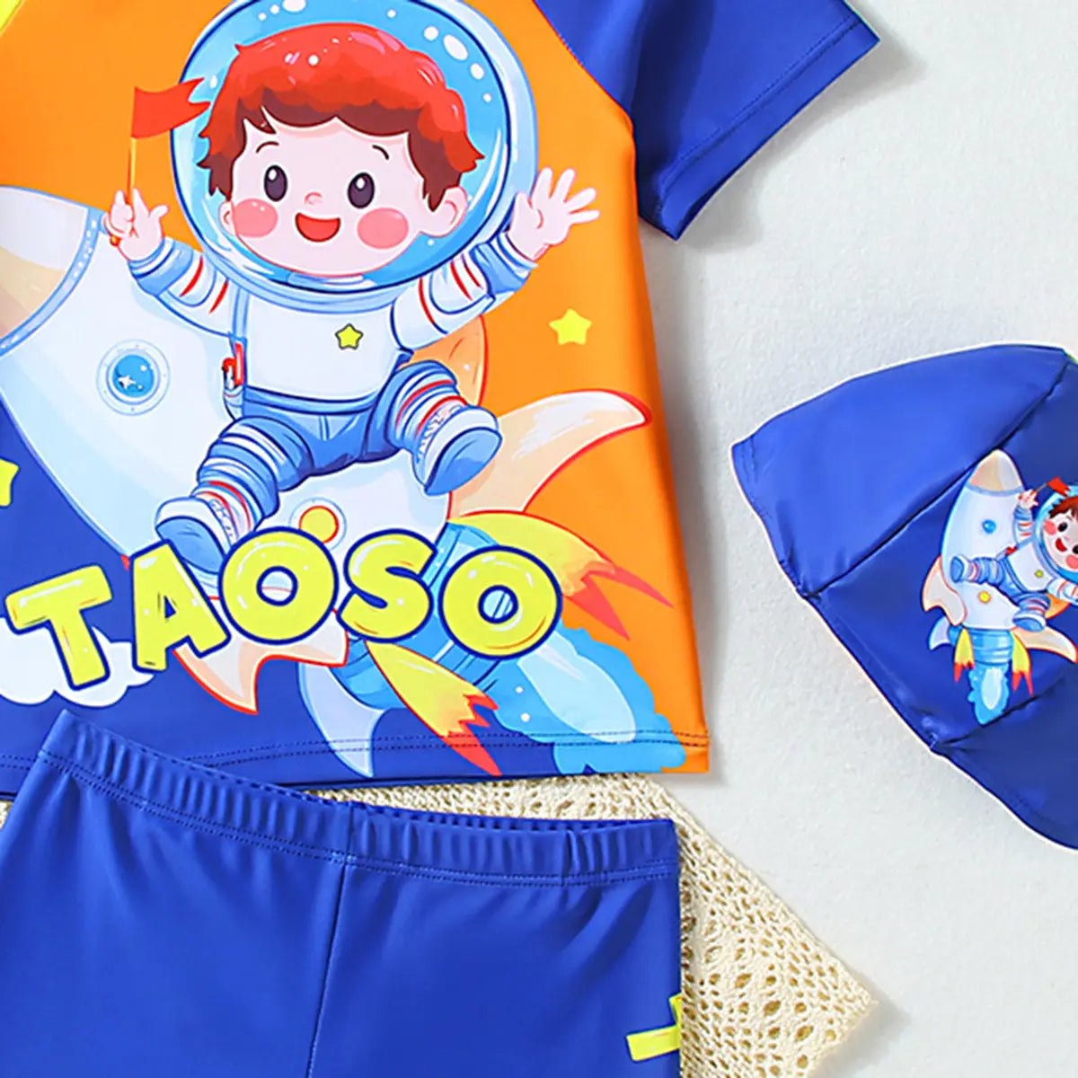 Boys Multicolor Space Themed T-Shirt With Shorts & Swim Cap Sets Beachwear