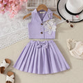 Girls Purple Flower Applique Sleeveless Top With Pleated Skirt Sets Sets Purple 3-4 Y