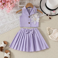 Girls Purple Flower Applique Sleeveless Top With Pleated Skirt Sets Sets Purple 3-4 Y
