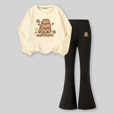 Girls Apricot Cartoon Characters Printed Sweatshirt With Flared Pants Sets