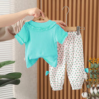 Girls Teal Self Striped Knitted Top With Printed Pants Set 2 pc. Sets