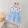 Girls Blue Checked Strawberry Applique Sleeveless Tiered Dress Casual Dresses Blue 1-2 Y