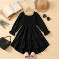 Girls Black Smocked Yoke Puff Sleeve High-Low Dress Casual Dresses Black 2-3 Y