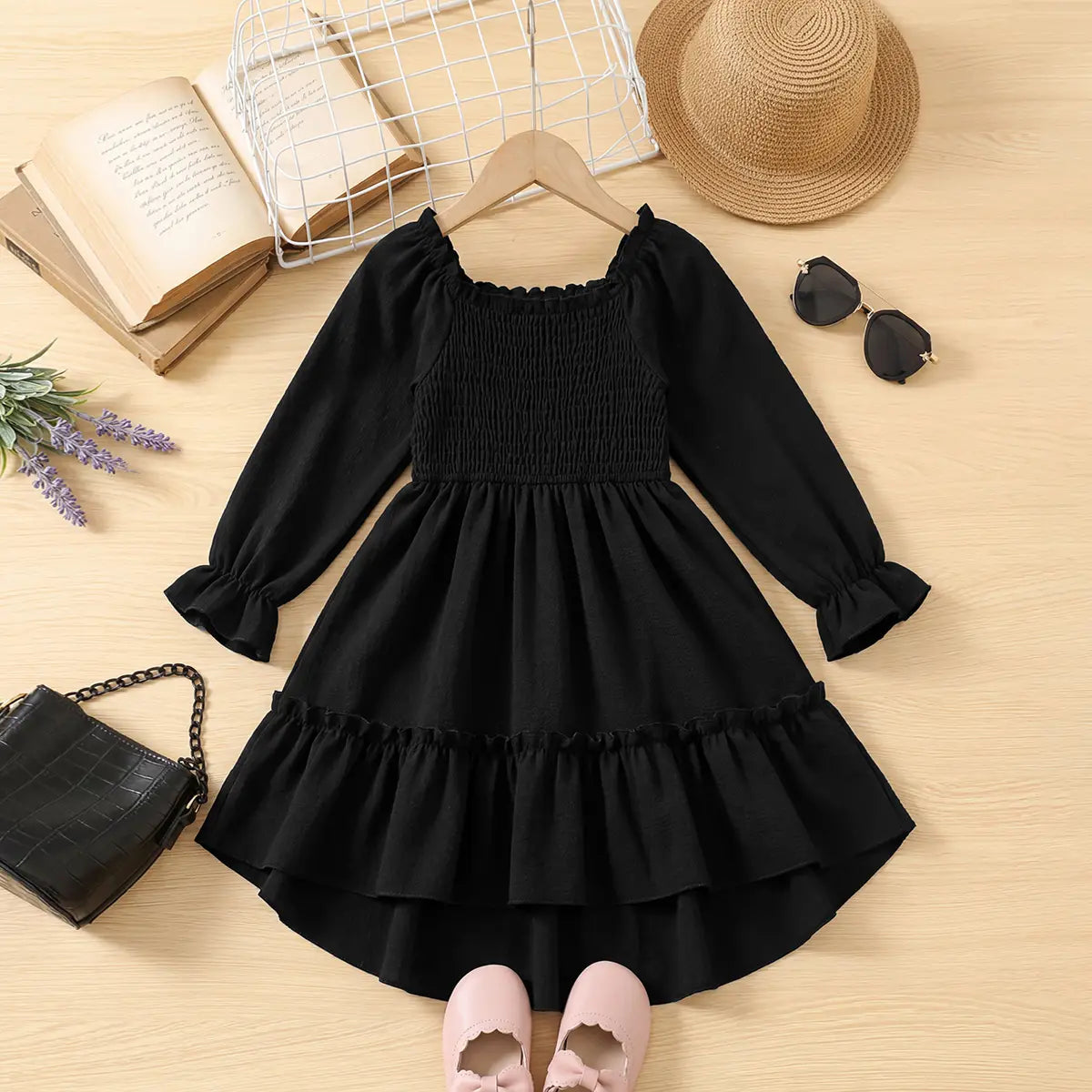 Girls Black Smocked Yoke Puff Sleeve High-Low Dress Casual Dresses Black 2-3 Y