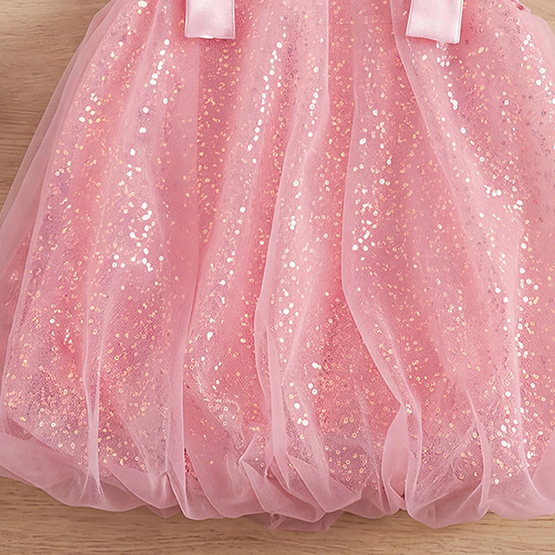 Girls Pink Sleeveless Sequins Embellished Balloon Dress Casual Dresses