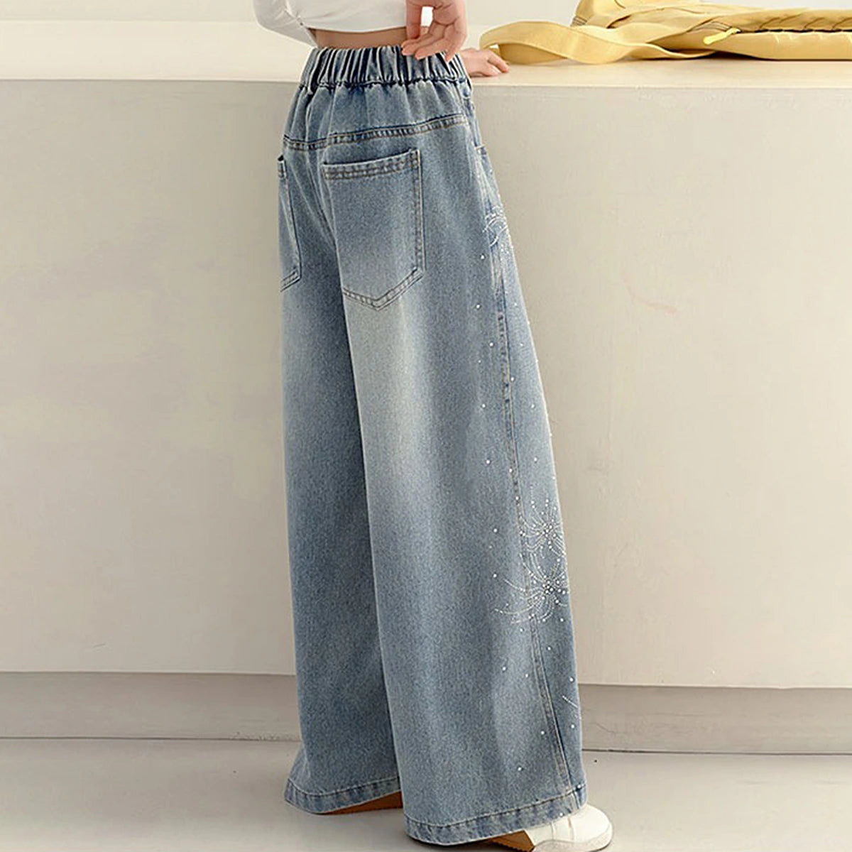 Girls Light Blue Embellished Loose Fit Denim Pants Pants