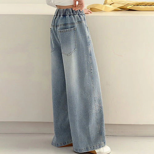 Girls Light Blue Embellished Loose Fit Denim Pants Pants