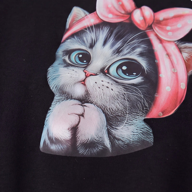 Girls Black Cat Graphic Long Sleeve Sweatshirt Sweatshirts & Hoodies