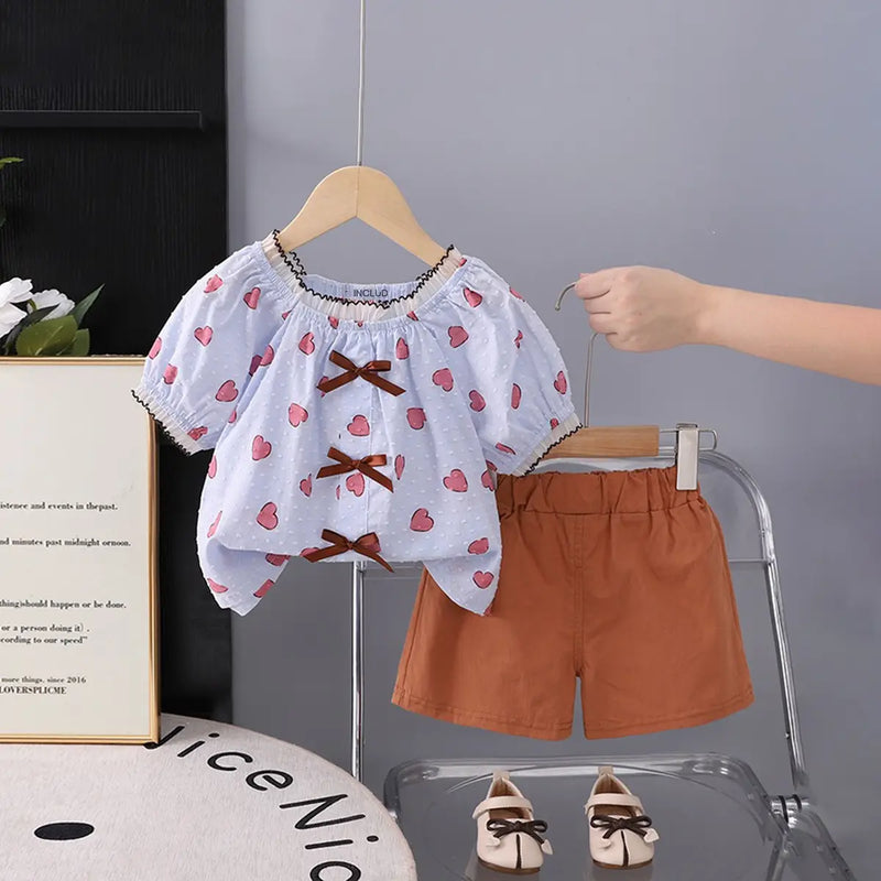 Girls Light Blue Heart Print Puff Sleeve Top With Shorts Sets Sets Light Blue 1-2 Y