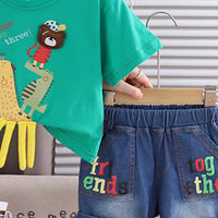 Boys Green Animal Applique Short Sleeve T-Shirt With Denim Shorts Sets 2 pc. Sets