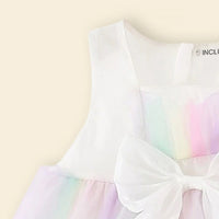 Girls White Rainbow Print Bow Applique Sleeveless Layered Dress Casual Dresses