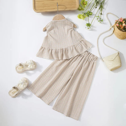 Girls Beige Checked Sleeveless Top With Pants Co-ord Sets Sets
