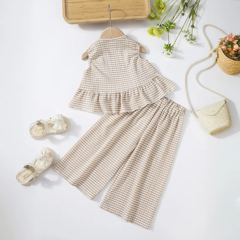 Girls Beige Checked Sleeveless Top With Pants Co-ord Sets Sets