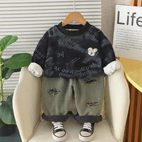 Boys Black Typographic Regular Sweatshirt With Denim Trousers Sets 2 pc. Sets Black 1-2 Y
