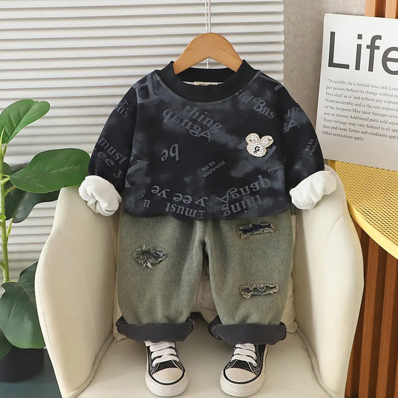 Boys Black Typographic Regular Sweatshirt With Denim Trousers Sets 2 pc. Sets Black 1-2 Y