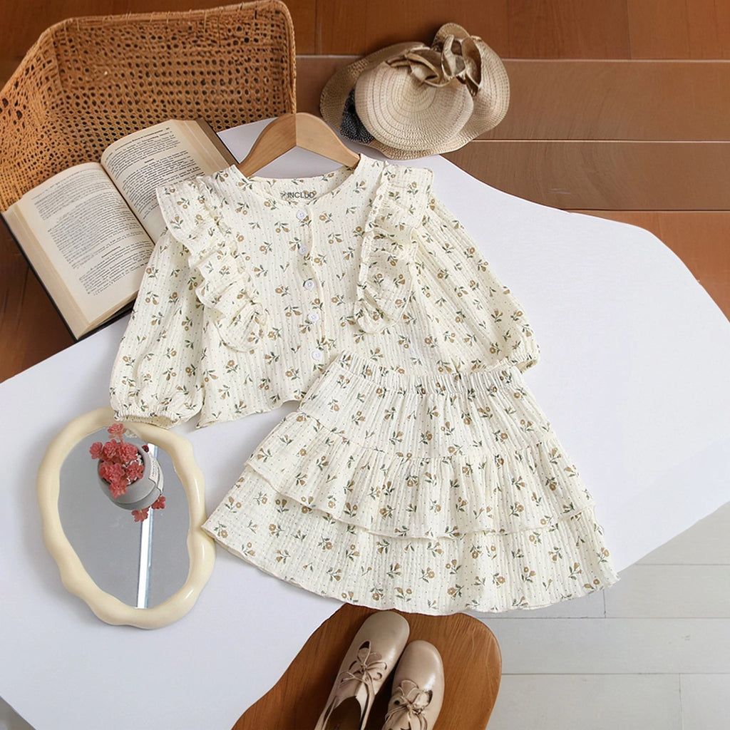 Girls Off White Floral Printed Ruffled Top with Tiered Skirt Sets 2 pc. Sets Off White 1-2 Y