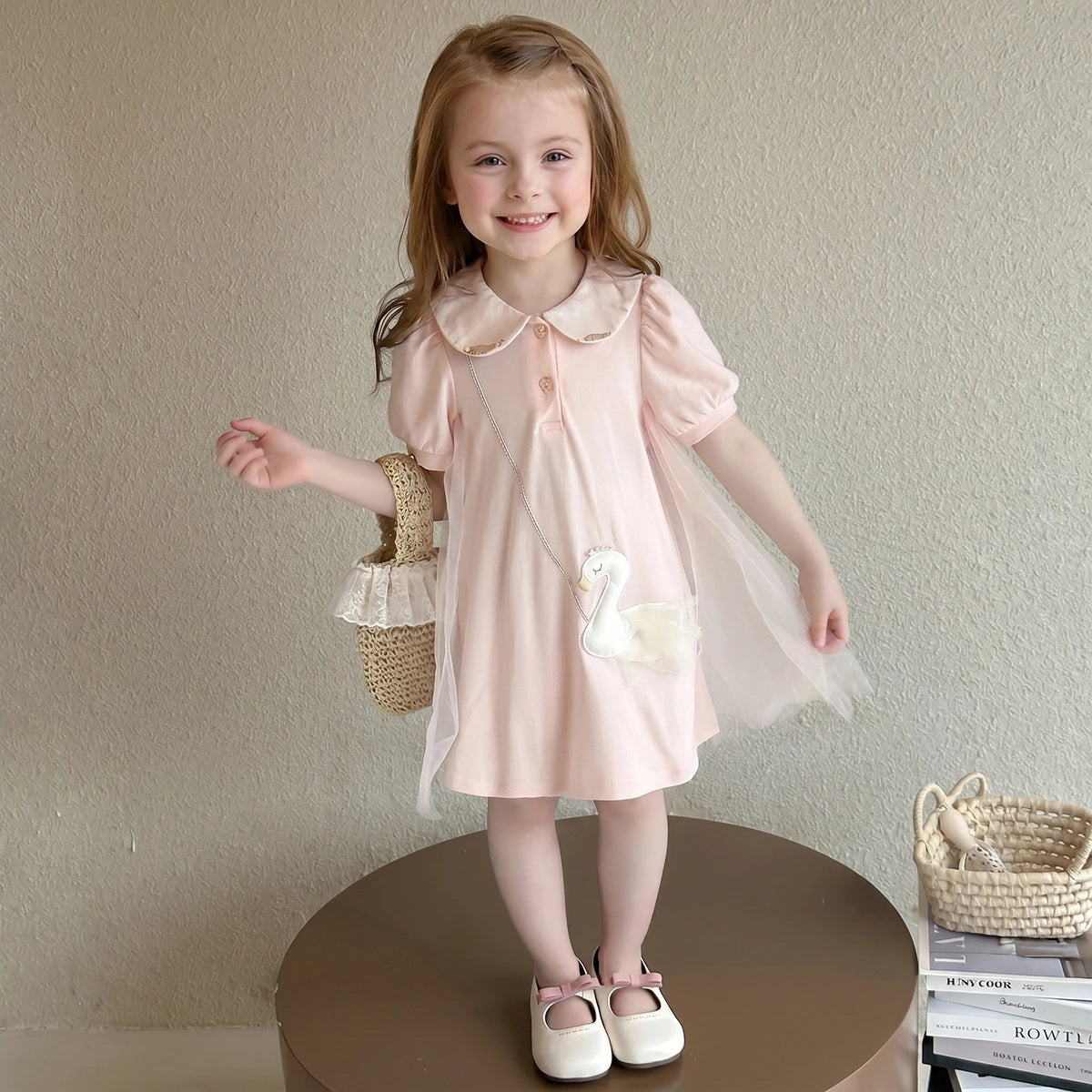 Girls Pink Swan Applique Tulle Overlay A-Line Dress Casual Dresses Pink 1-2 Y
