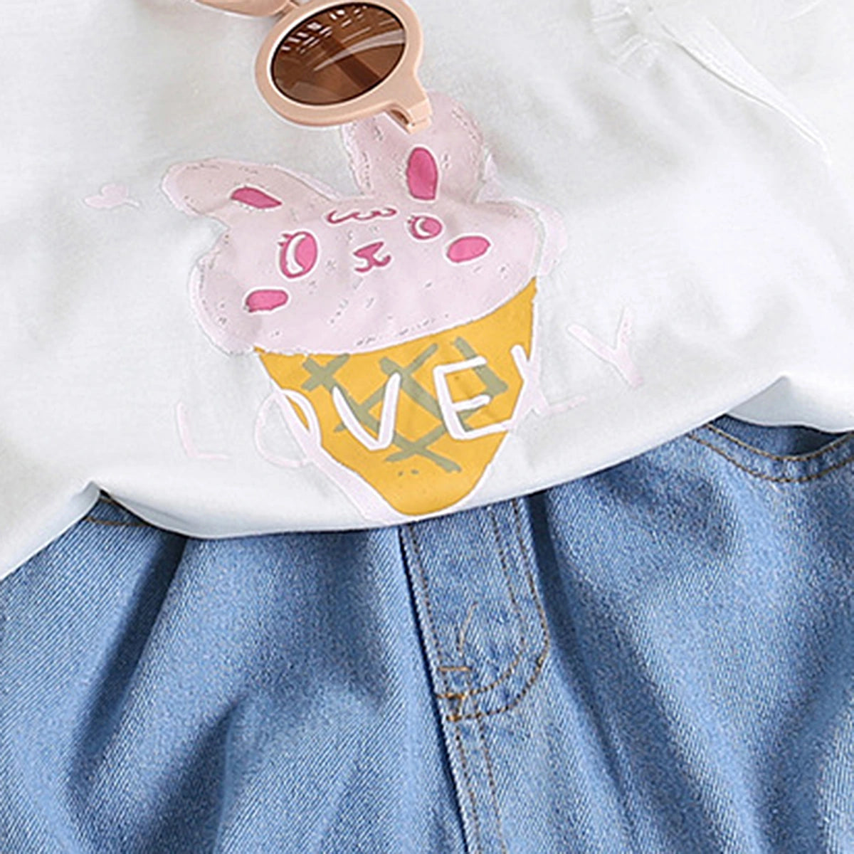 Girls White Bunny Print Flutter Sleeve Top With Denim Shorts Sets 2 pc. Sets