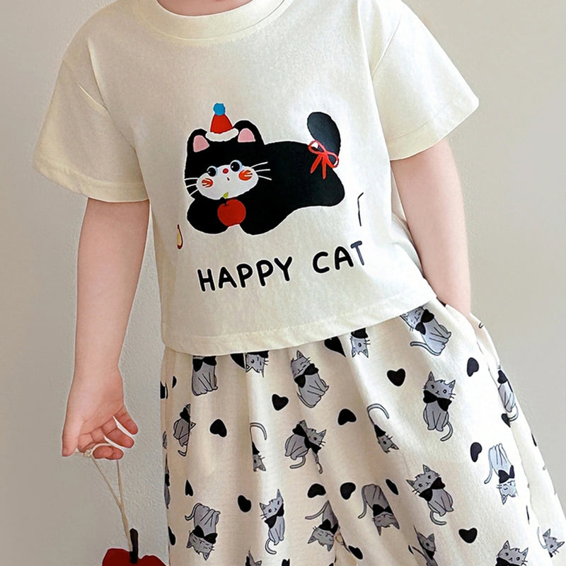 Girls Off White Happy Cat Graphic Top With Balloon Pants Sets Sets