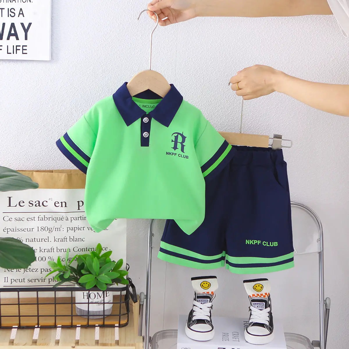 Boys Green Typographic Printed Polo T-Shirt With Elasticated Shorts Sets 2 pc. Sets Green 1-2 Y