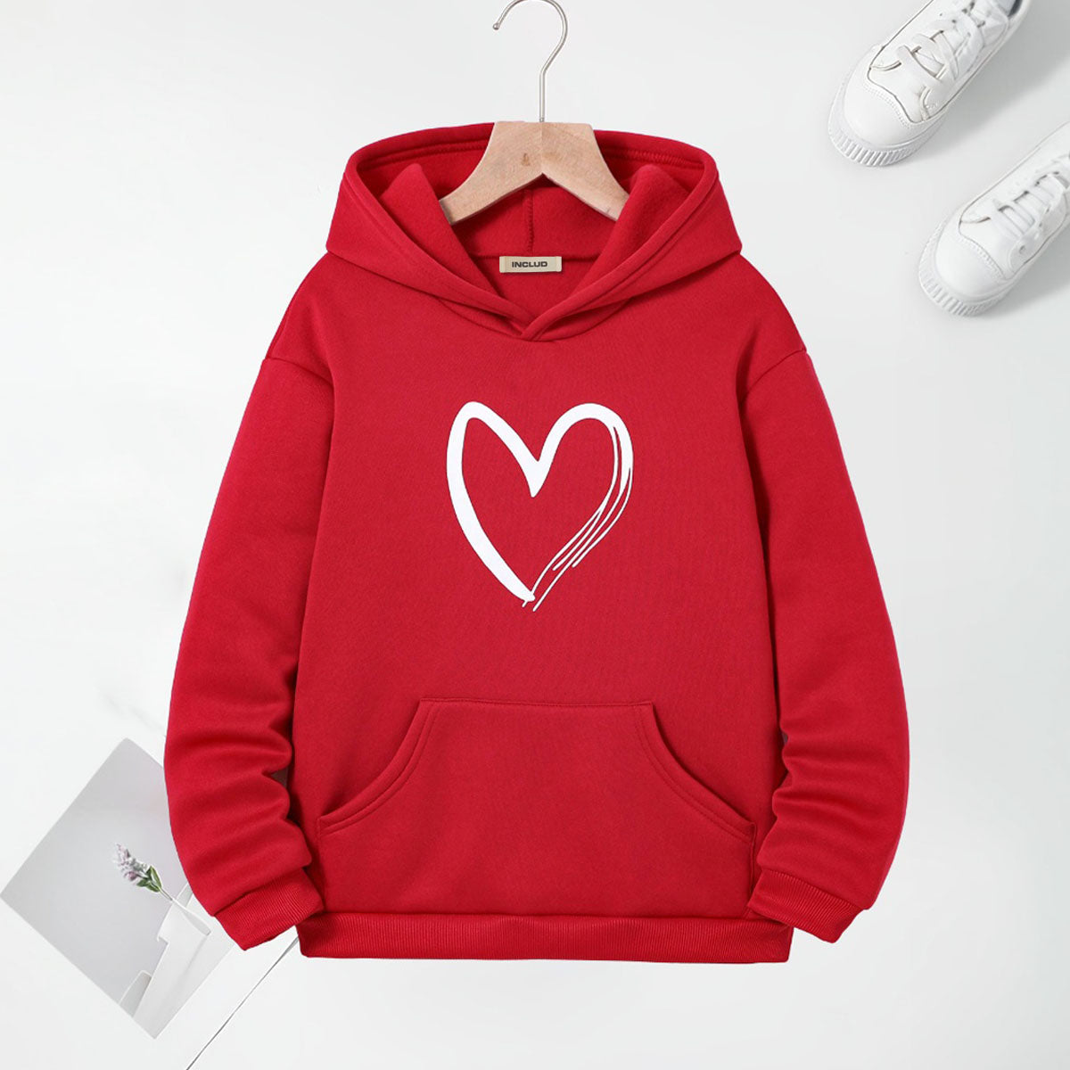 Girls Red Heart Heart Printed Hooded Sweatshirt Sweatshirts & Hoodies Red 7-8 Y