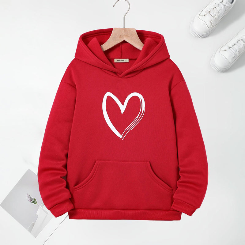 Girls Red Heart Heart Printed Hooded Sweatshirt Sweatshirts & Hoodies Red 7-8 Y
