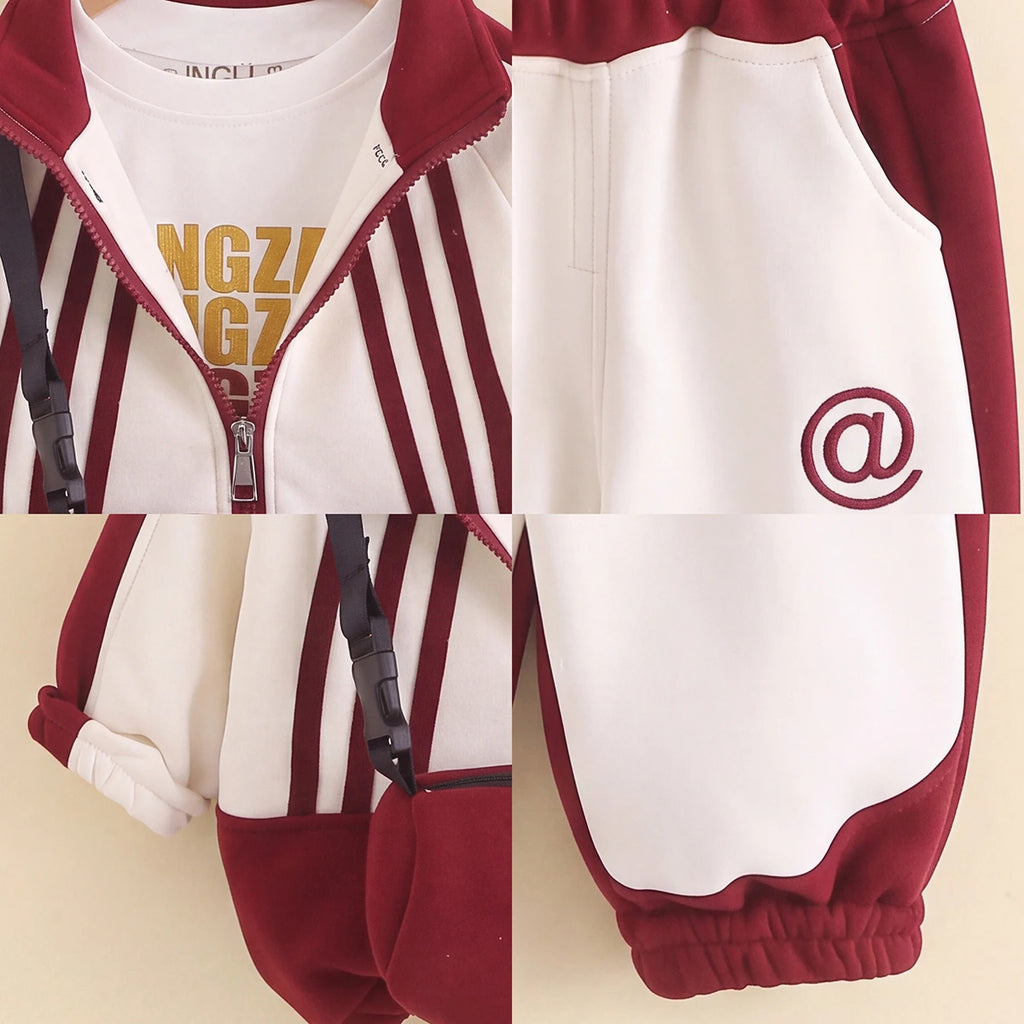 Boys Maroon Striped Jacket & Joggers With T-Shirt Sets 3 pc. Sets