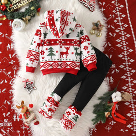 Girls White Self-Design Christmas Patterns Hooded Sweatshirt With Leggings Sets 2 pc. Sets