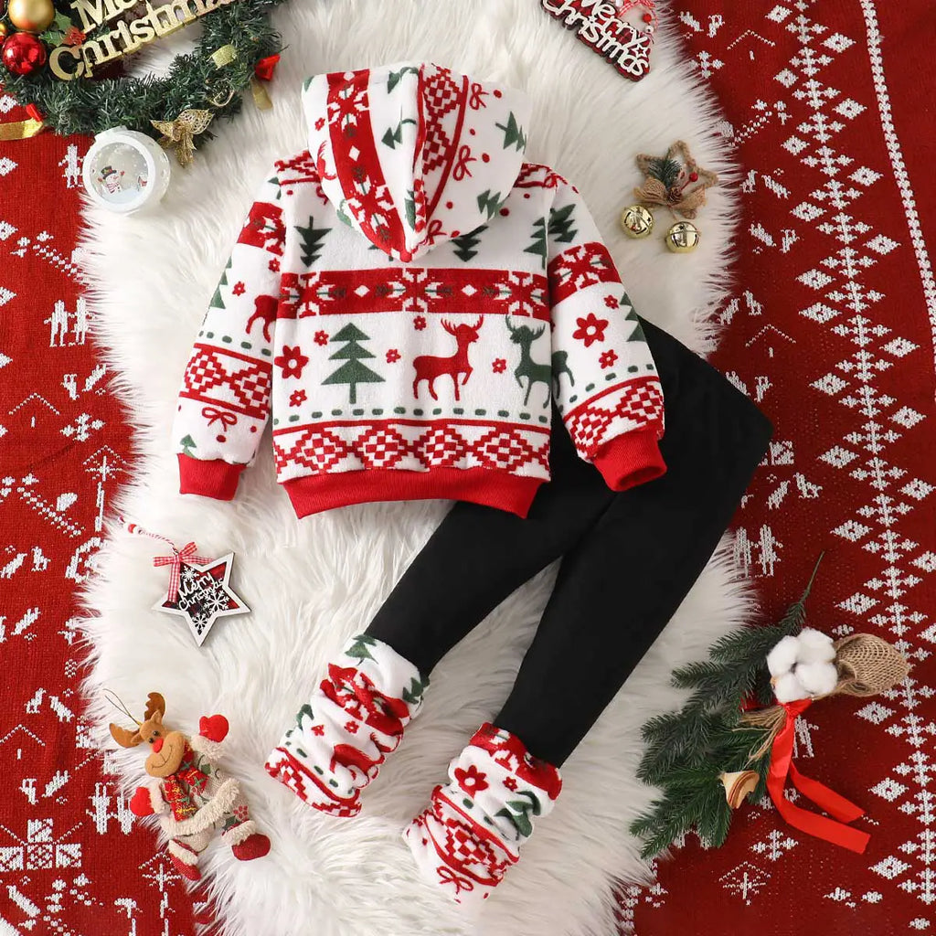 Girls White Self-Design Christmas Patterns Hooded Sweatshirt With Leggings Sets 2 pc. Sets