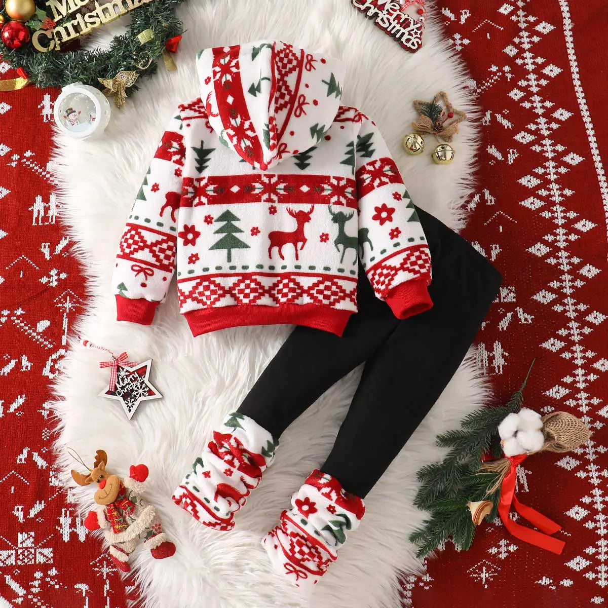 Girls White Self-Design Christmas Patterns Hooded Sweatshirt With Leggings Sets 2 pc. Sets