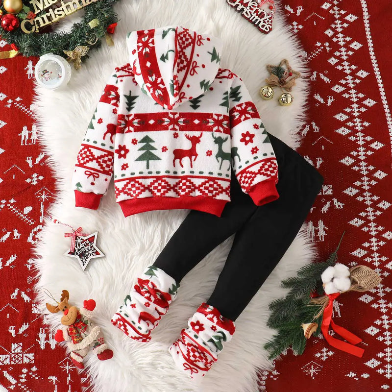 Girls White Self-Design Christmas Patterns Hooded Sweatshirt With Leggings Sets 2 pc. Sets