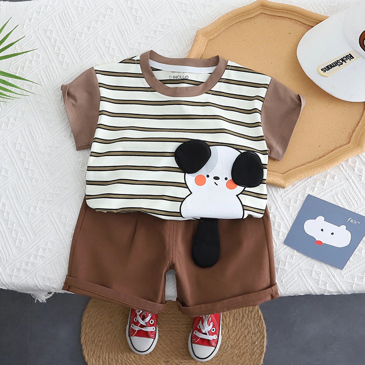 Boys Brown Dog Motif Striped Short Sleeve T-Shirt With Shorts Sets 2 pc. Sets Brown 1-2 Y