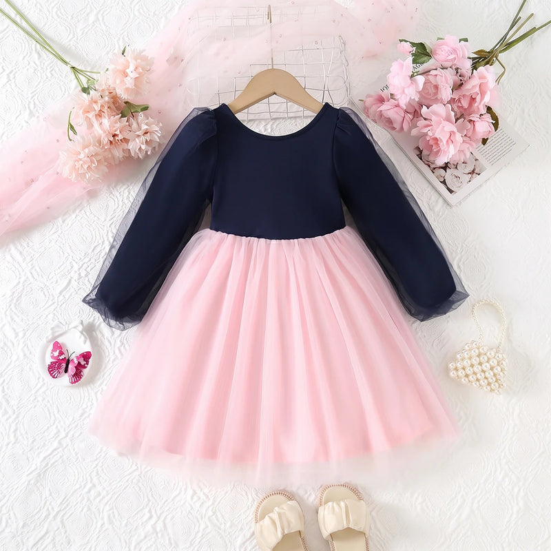 Girls Navy Blue Puff Sleeve Fit & Flare Dress Casual Dresses Navy Blue 1-2 Y