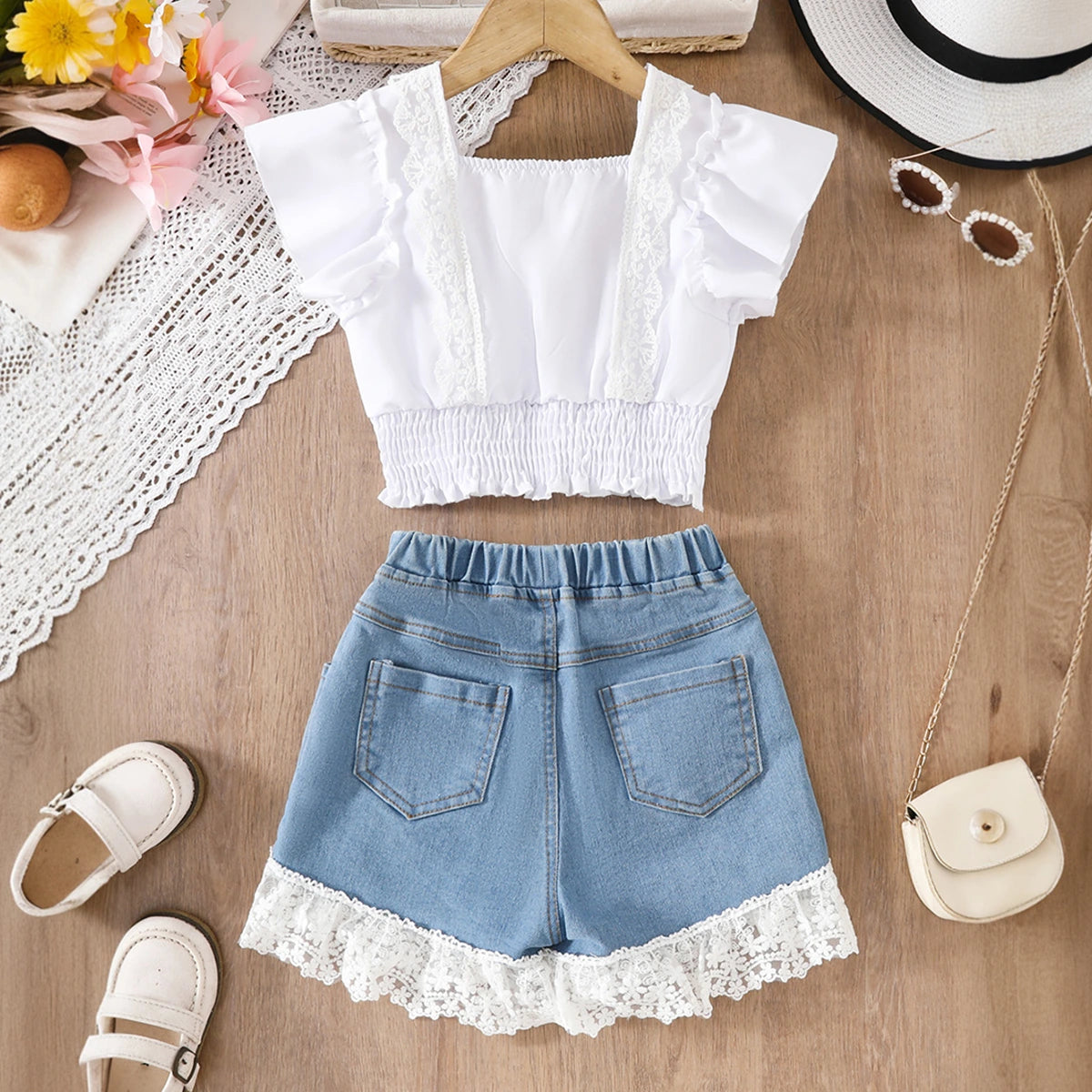 Girls White Floral Embroidered Top & Denim Shorts With Lace Trim Sets Sets